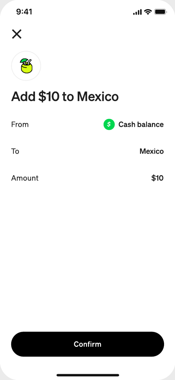 After: Add $10 to Mexico from Cash balance, confirm with no PIN