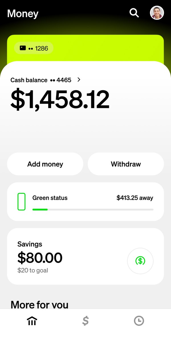 The Money tab themed by the lime card: the header and the card peeking above the balance take on its material