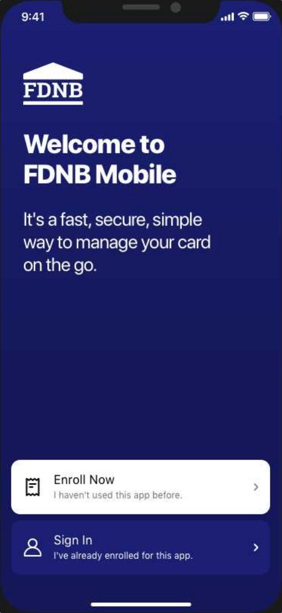 Welcome to FDNB Mobile on the bank's navy, with Enroll Now and Sign In