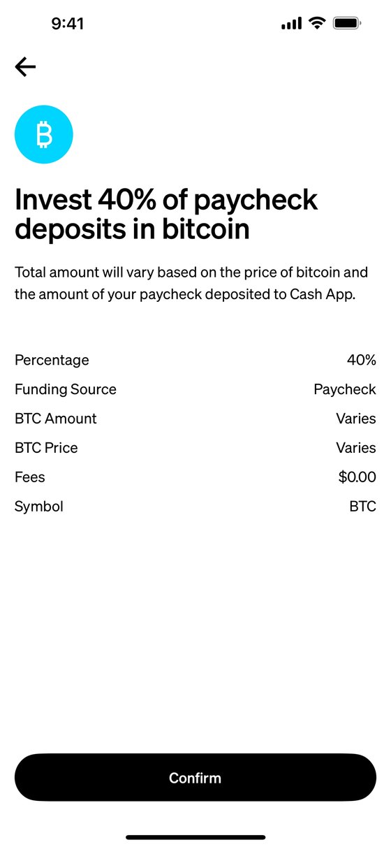 Invest 40% of paycheck deposits in bitcoin: percentage, funding source, varying amount and price, no fees, then Confirm