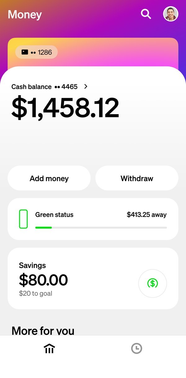 The Money tab themed by the orange-to-pink gradient card: the header and the card peeking above the balance take on its material