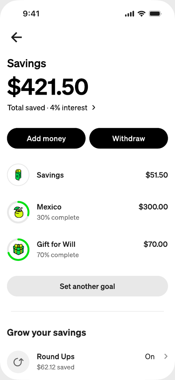 After: Savings with goals for Mexico and Gift for Will, each with progress, and Set another goal