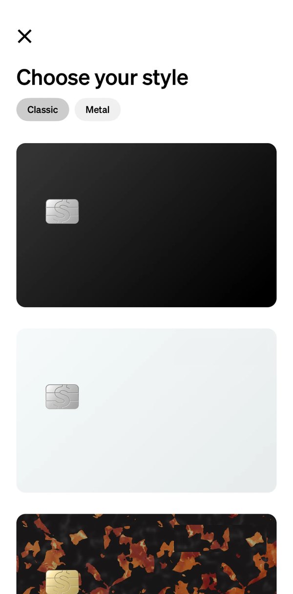 Before: Choose your style, a list of flat cards under Classic and Metal: black, white and tortoise