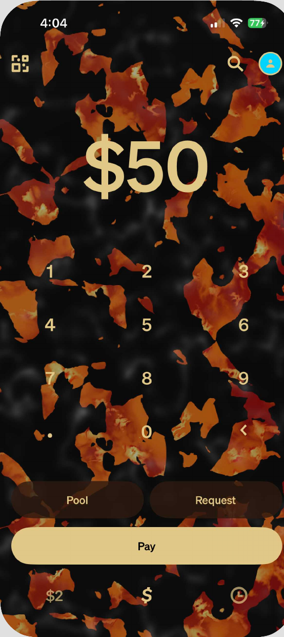 The keypad in the tortoiseshell theme, showing $50