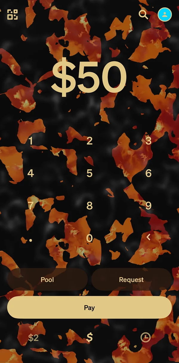 The keypad in the tortoise theme, showing $50