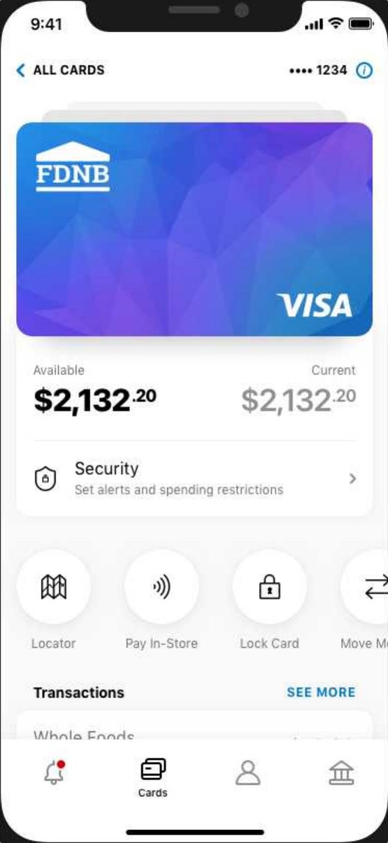The new home screen: the FDNB card, available and current balance, Security, a row of tasks, then transactions, with a tab bar