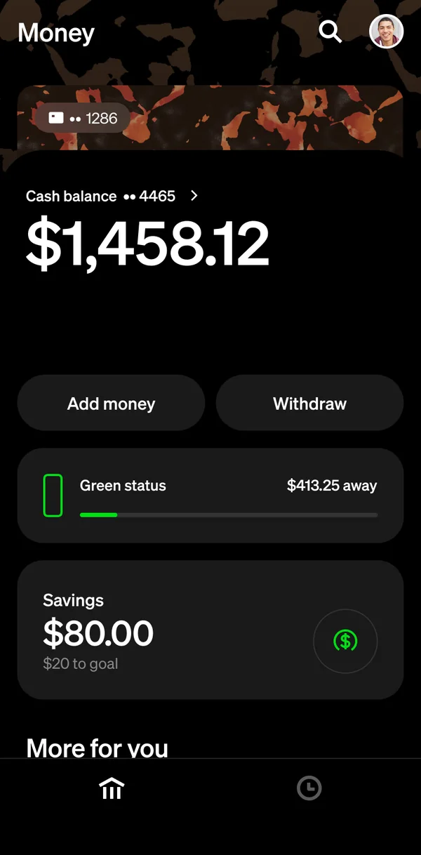 The Money tab: the header and the card peeking above the balance in tortoise