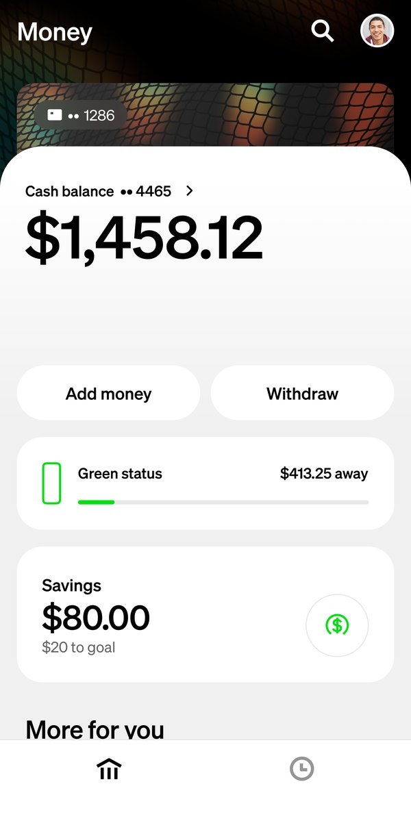 The Money tab themed by the holo mesh card: the header and the card peeking above the balance take on its material