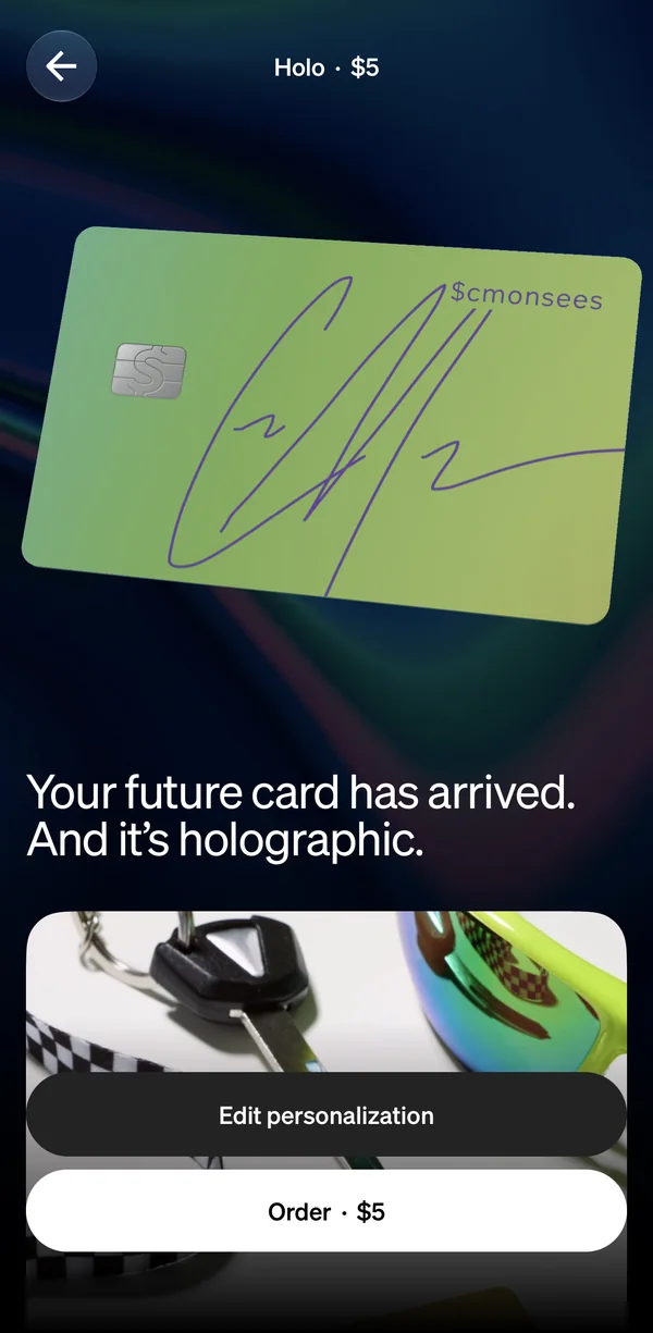 After: the holo card’s page, a green holographic card over a shimmering aurora, Your future card has arrived