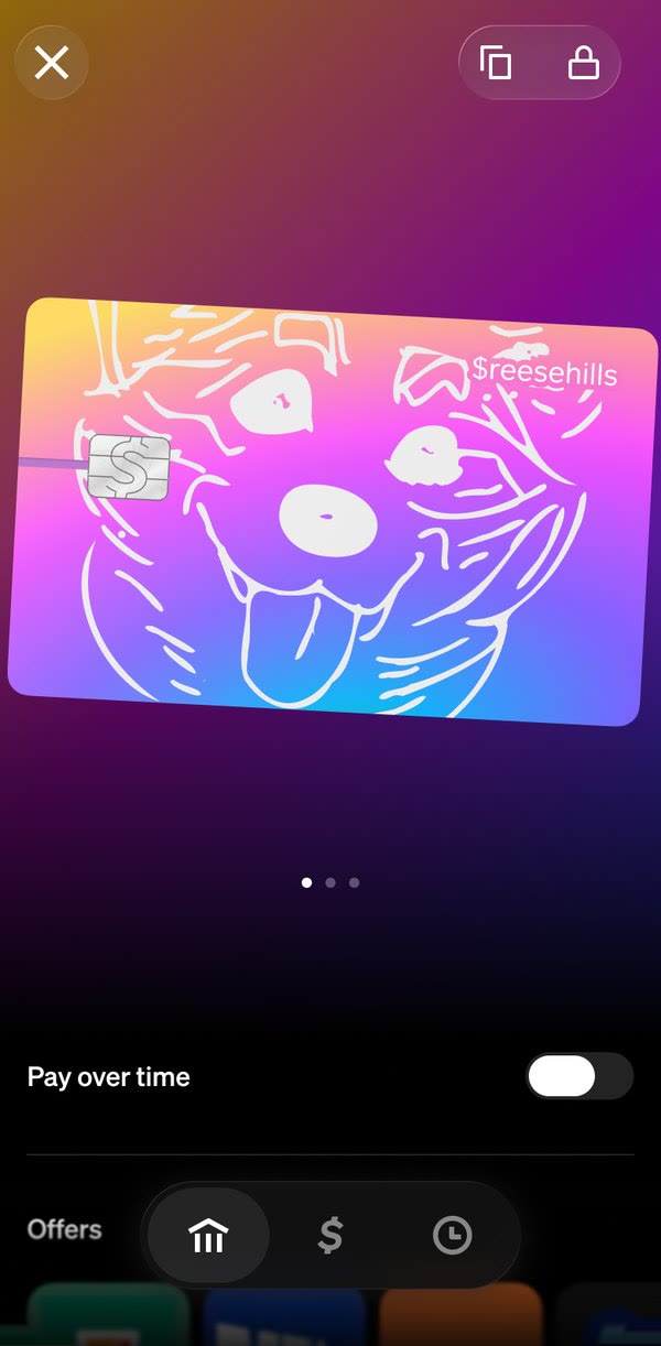 The Cardware tab: full screen in the card's colors, the card centered with copy and lock above it, Pay over time and Offers below