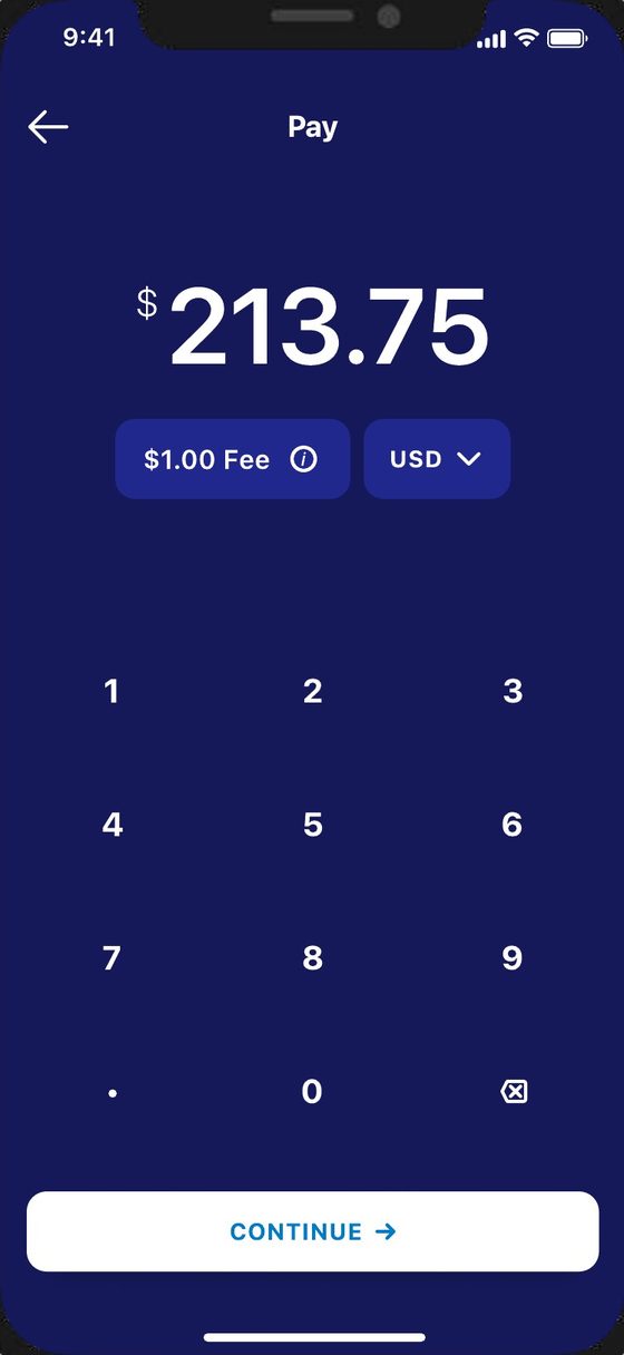 Pay: $213.75 on a navy keypad screen with a $1.00 fee and Continue
