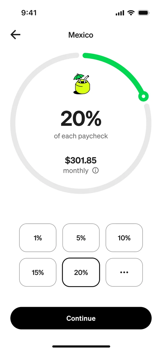 Paychecks for one goal: 20% of each paycheck to Mexico, $301.85 monthly, picked from 1%, 5%, 10%, 15%, 20% or a custom amount