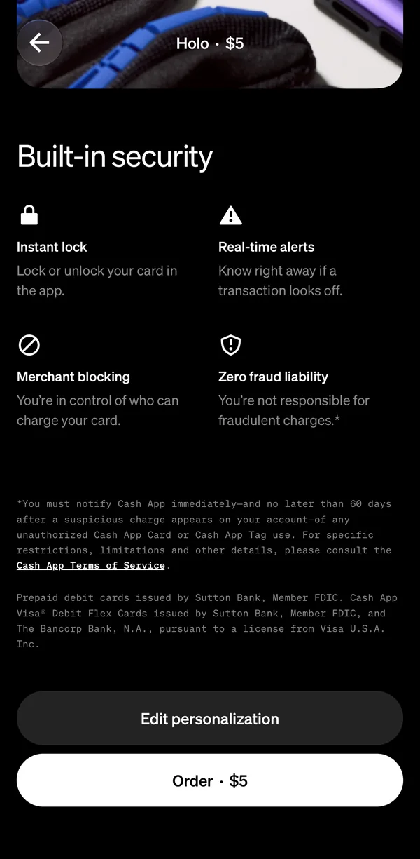 The Holo card's security section: instant lock, real-time alerts, merchant blocking and zero fraud liability, then Order
