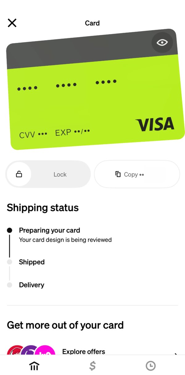 Before: the Card tab with a lime card, Lock and Copy under it, then a Shipping status timeline: Preparing your card, Shipped, Delivery