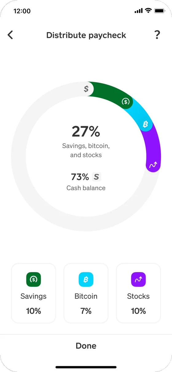 Exploration: Distribute paycheck, 27% to savings, bitcoin and stocks and 73% cash balance, with a tile for each