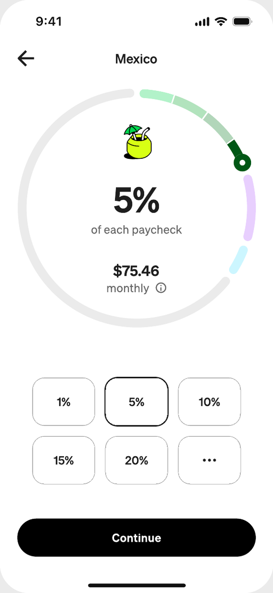 Paycheck split to the Mexico goal: 5% of each paycheck