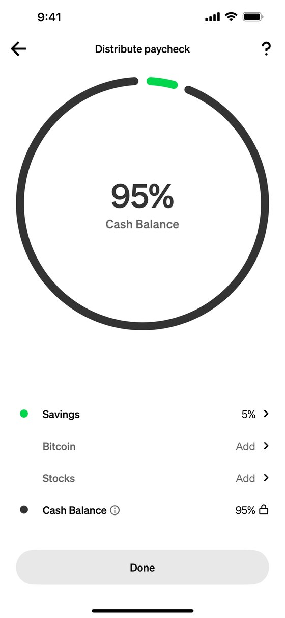 Distribute paycheck: the ring at 95% cash balance, Savings at 5%, Bitcoin and Stocks to add, and Done
