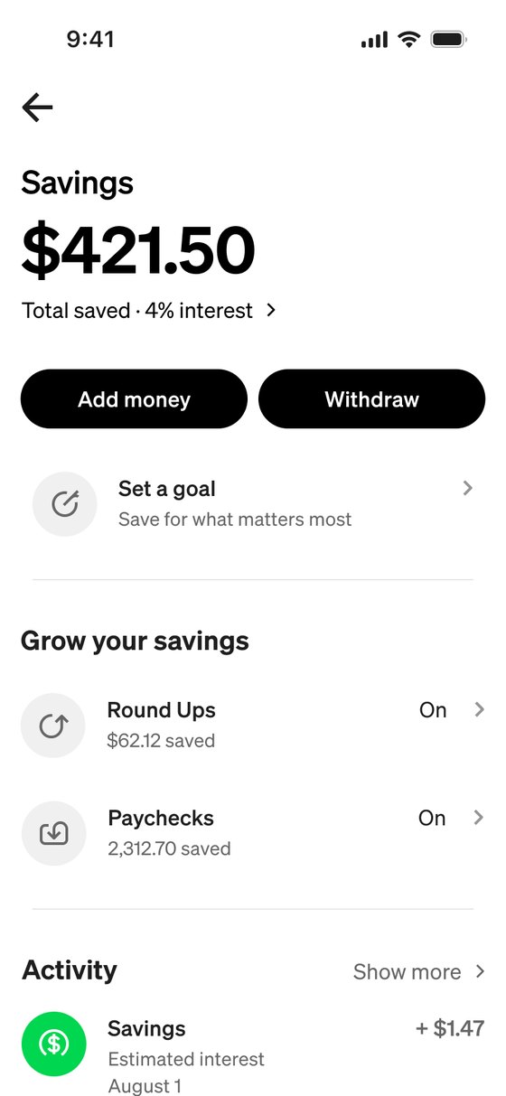 After, without goals: Savings at $421.50 with Add money and Withdraw, a Set a goal row, Grow your savings with Round Ups and Paychecks on, and Activity