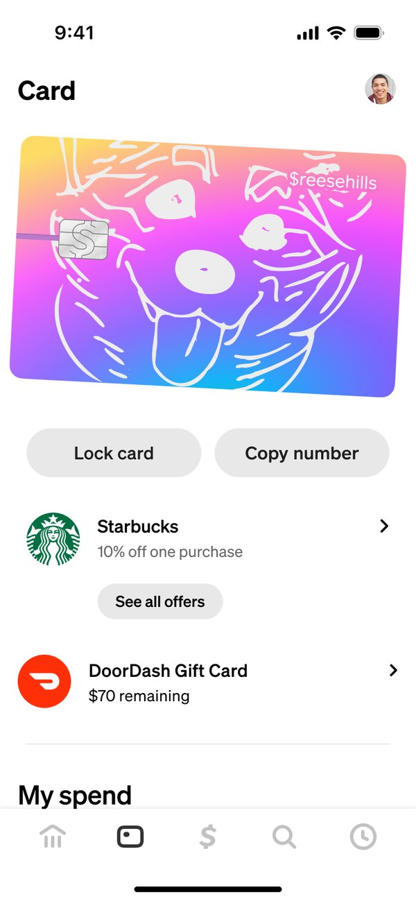 The Card tab in 2024: a custom card with a hand-drawn dog in 3D as the hero, Lock card and Copy number buttons, then offers and My spend