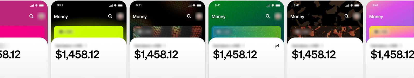 Five Money tab headers, each colored by the customer's card theme: lime, holo mesh, green glitter, tortoiseshell, pink