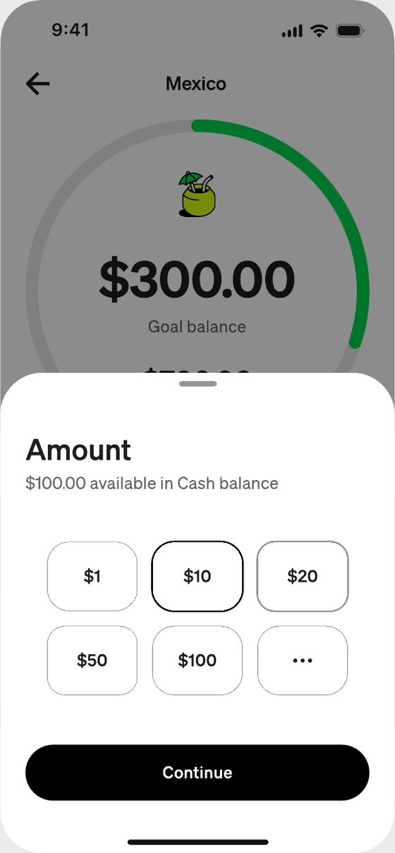 After: Amount screen shows $100.00 available in Cash balance
