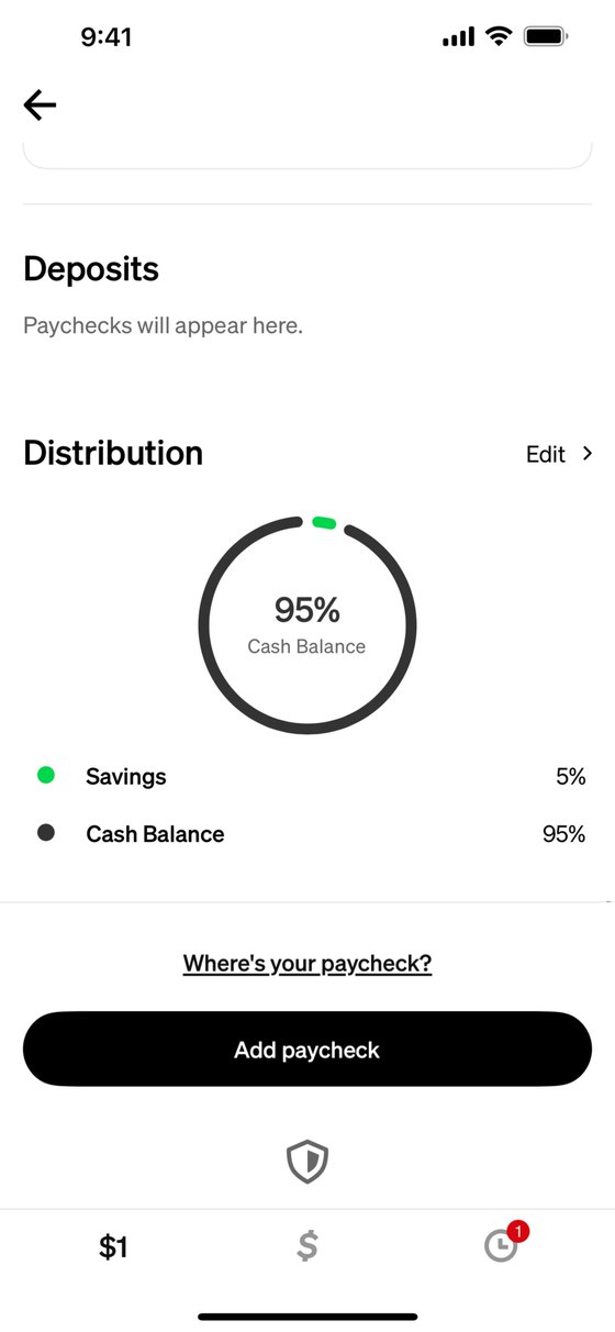 Further down the Paychecks tab: Deposits, then Distribution, a ring at 95% cash balance and 5% savings, then Add paycheck