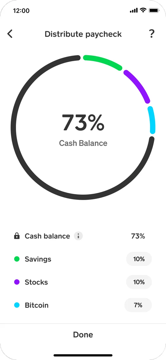 Exploration: Distribute paycheck, a dark ring at 73% cash balance with Savings, Stocks and Bitcoin segments