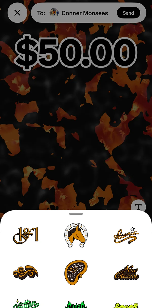 The same payment with the sticker sheet open: stickers drawn in the tortoise card's palette
