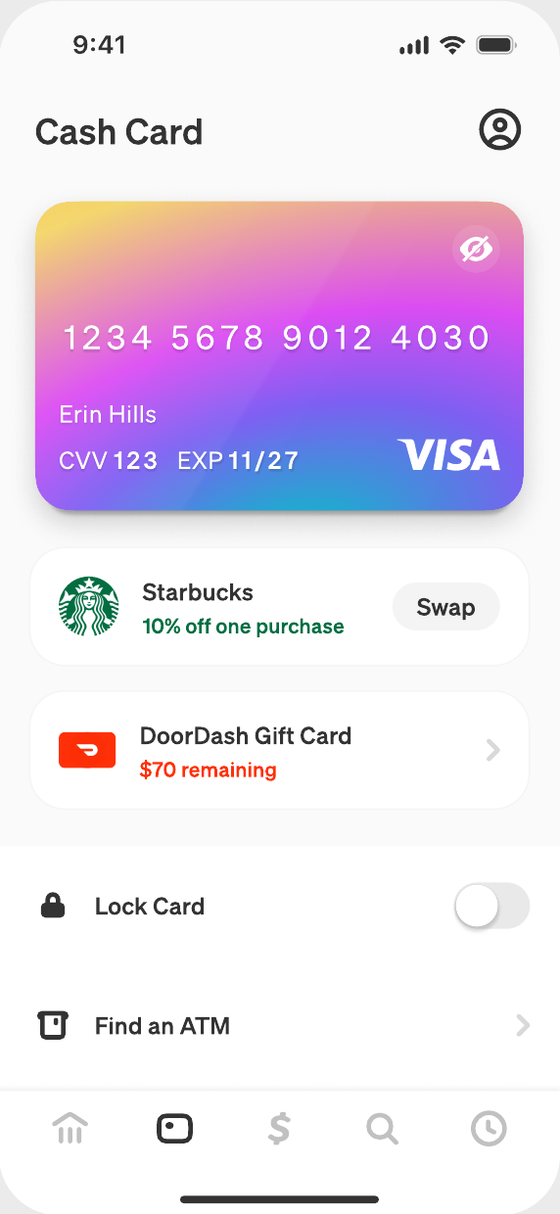 Before: Cash Card tab with a flat card image, offers, lock card and Find an ATM