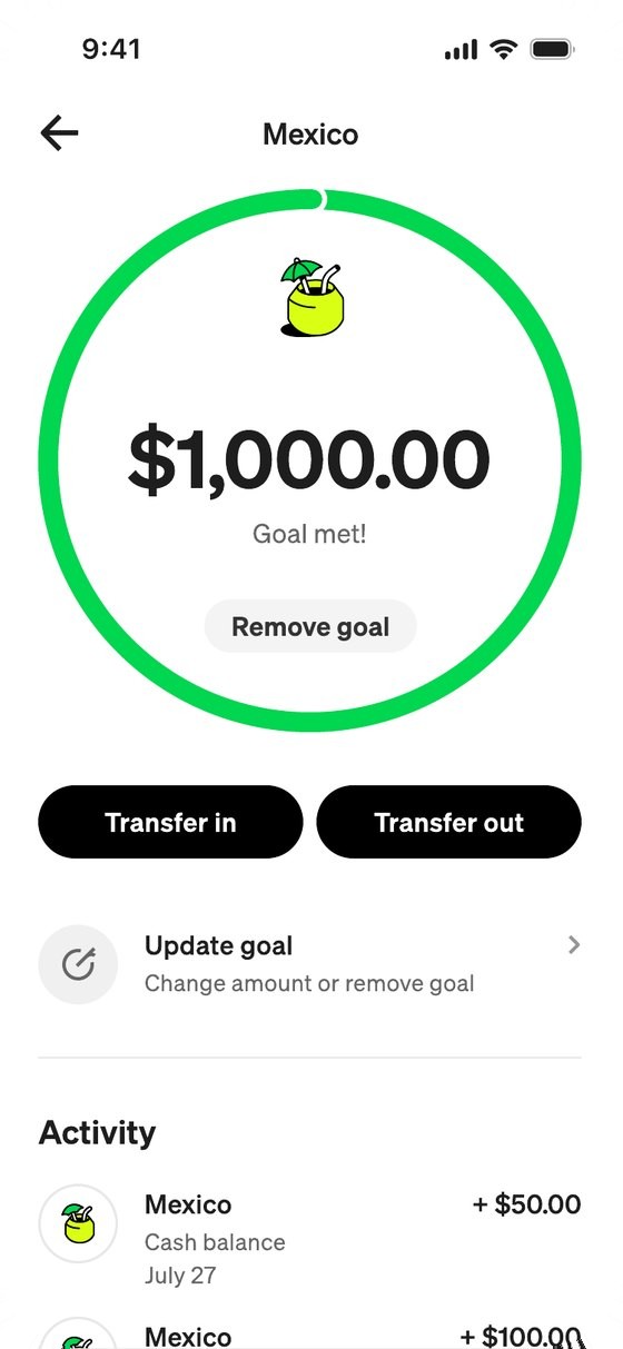 After: the Mexico goal at $1,000.00, Goal met!, with Update goal and its own activity