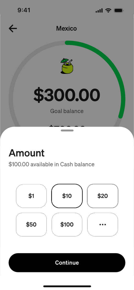 After: Amount screen shows $100.00 available in Cash balance