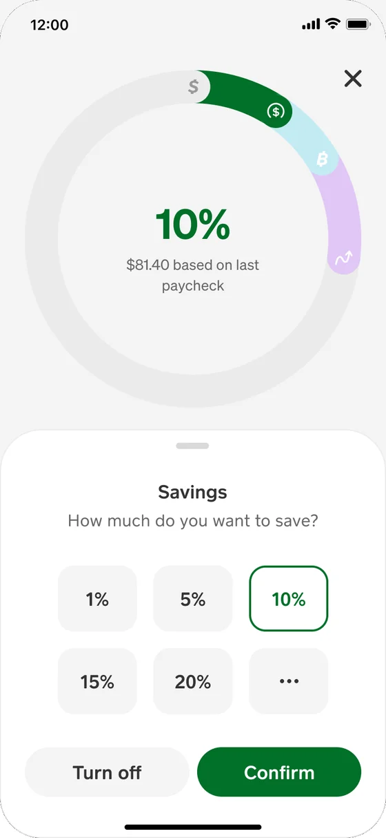 Exploration: a Savings sheet over the ring, How much do you want to save?, 10% picked, Turn off or Confirm