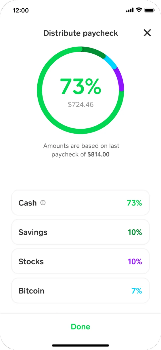 Exploration: Distribute paycheck at 73%, $724.46 based on a last paycheck of $814.00, with Cash, Savings, Stocks and Bitcoin rows