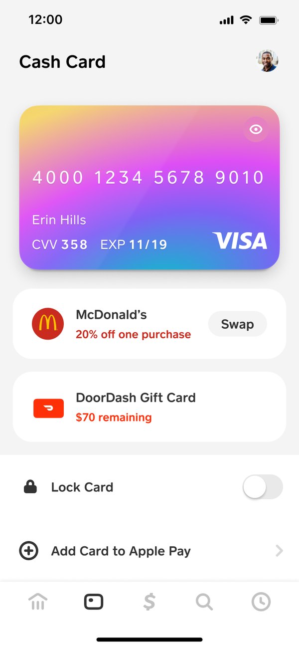 The Cash Card tab in 2022: a flat card image showing the full card number, offers and gift cards in boxes, then Lock Card and Add Card to Apple Pay
