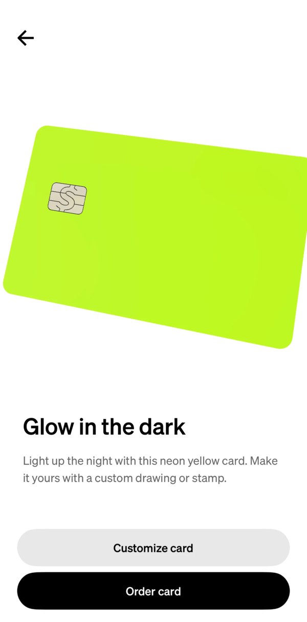 Before: a card’s page, Glow in the dark, a flat lime card with Customize card and Order card