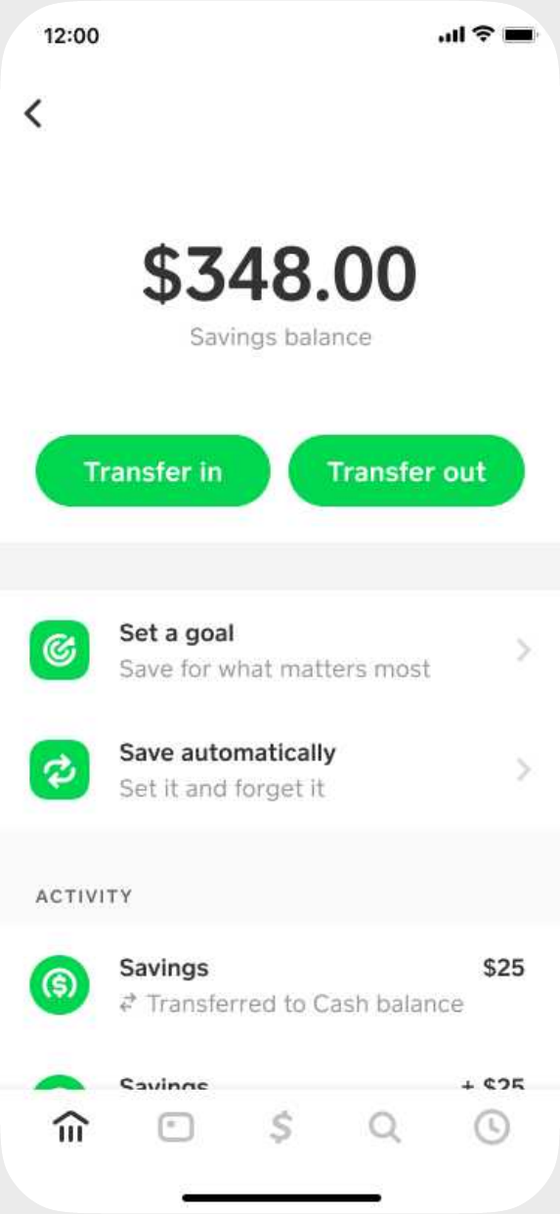 Before: Savings as a single $348.00 balance with Transfer in and Transfer out
