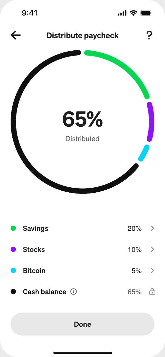 Distribute paycheck: a ring showing 65% distributed across Savings, Stocks and Bitcoin