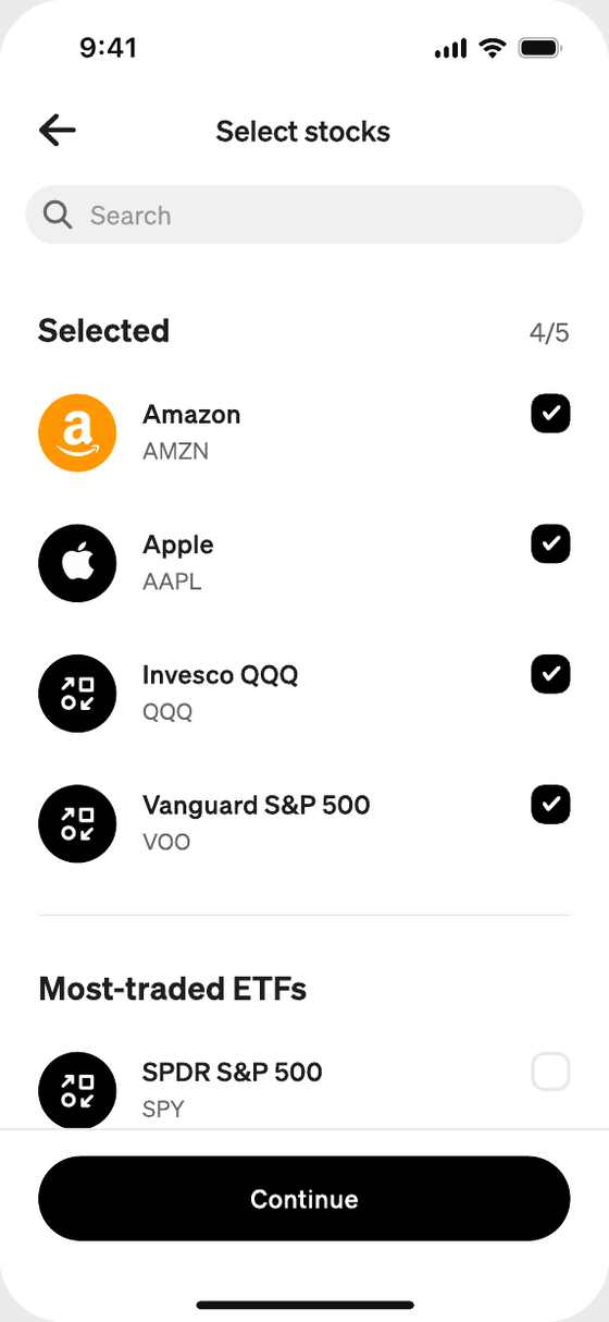 Select stocks: Amazon, Apple, Invesco QQQ and Vanguard S&P 500 selected