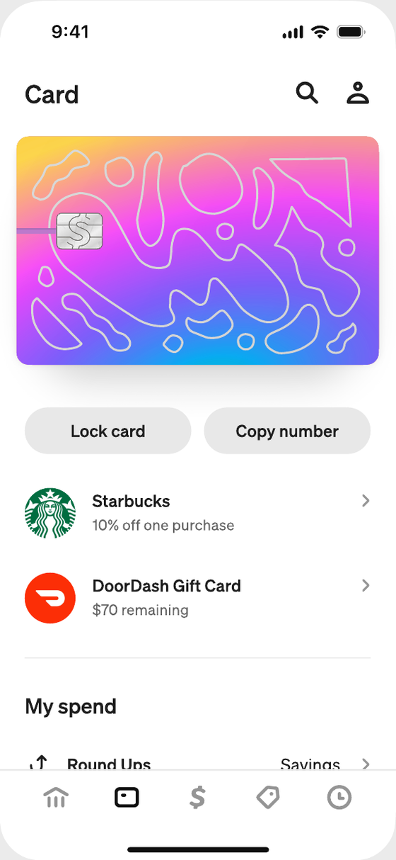 After: Card tab with the customer's card as the hero, Lock card and Copy number buttons, offers and spending
