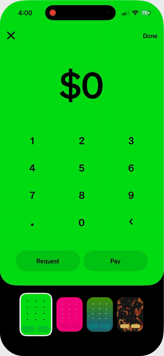 Choosing a theme for the keypad: green dots, pink, teal glitter, tortoiseshell