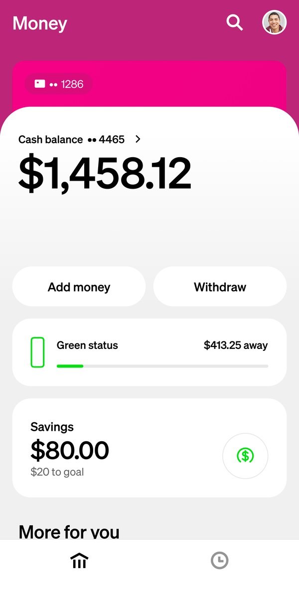 The Money tab themed by the pink card: the header and the card peeking above the balance take on its material